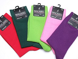 Socks in red, green, lime, pink, and purple
