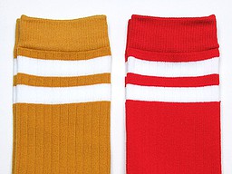 Ochre yellow and red knee highs with white stripes