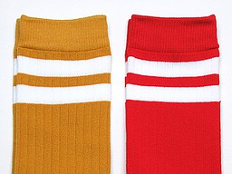 Ochre yellow and red knee highs with white stripes Ochre yellow and red knee highs with white stripes
