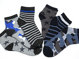 Short kids socks with stars, stripes, and camouflage