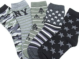 Cheaper socks for kids in black, grey, and khaki, with various prints