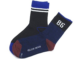 Striped yellow moon kid's socks with the number 86