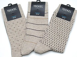 Beige men's socks with various patterns