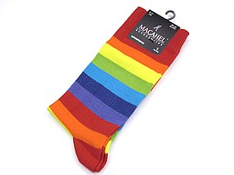 Red men's socks with bright rainbow stripes