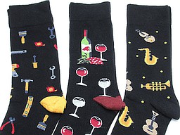 Socks with tools, wine, or music print