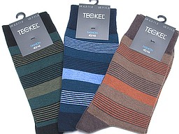 Striped men's socks from Teckel in black, navy, and brown