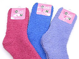 Ladies bed socks in solid fuchsia, cobalt, and lilac