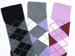 Argyle knee highs in black, grey, and lilac