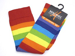 Red women's knee high with thin rainbow stripes Red women's knee high with thin rainbow stripes