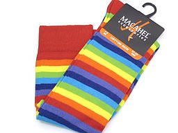 Red women's knee highs with thin rainbow stripes