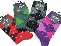 Socks with argyles in red, green, black, and purple