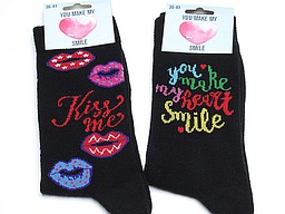 Seamless black women's socks with 'kiss me' text