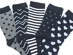 Socks with hearts, dots, and stripes in navy